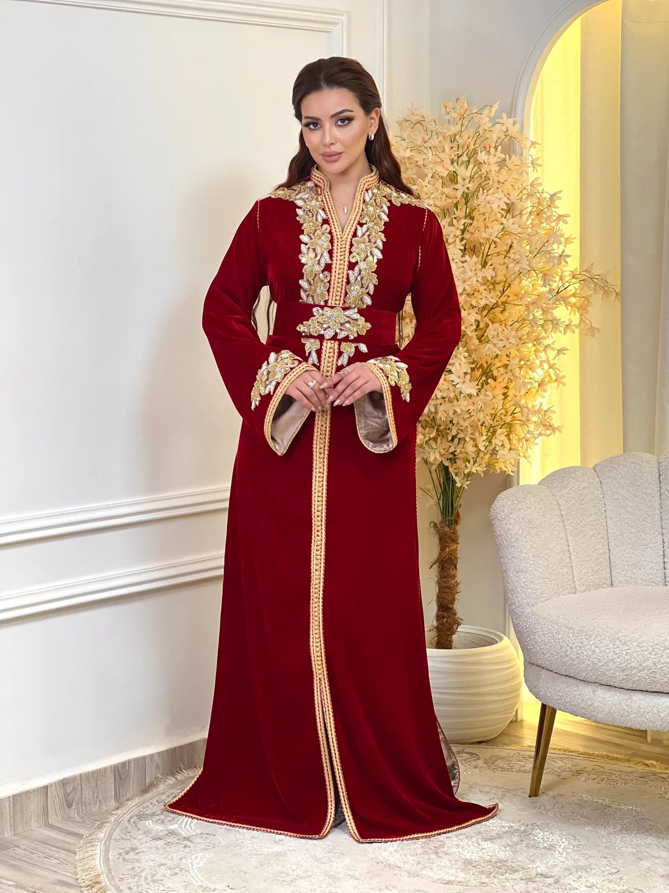 Najia Red Kaftan β Handcrafted with Gold Pearl Beadwork