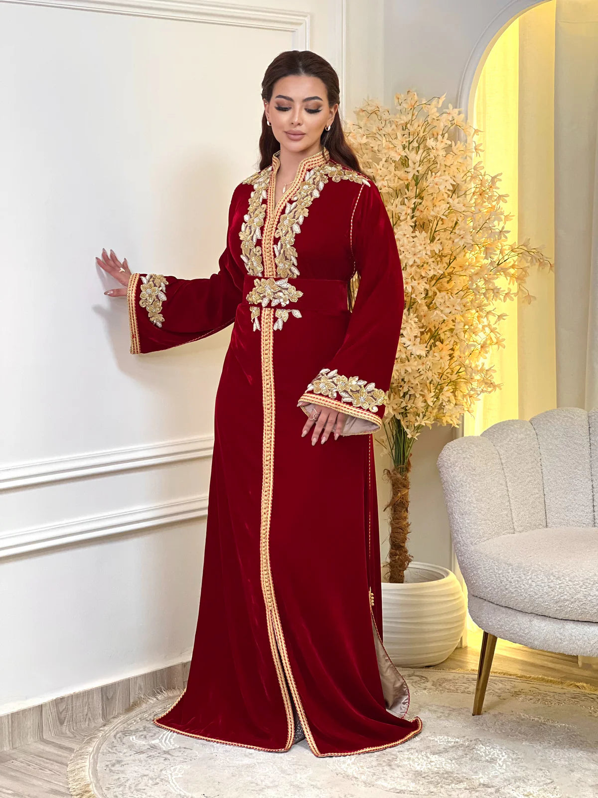 Najia Red Kaftan β Handcrafted with Gold Pearl Beadwork
