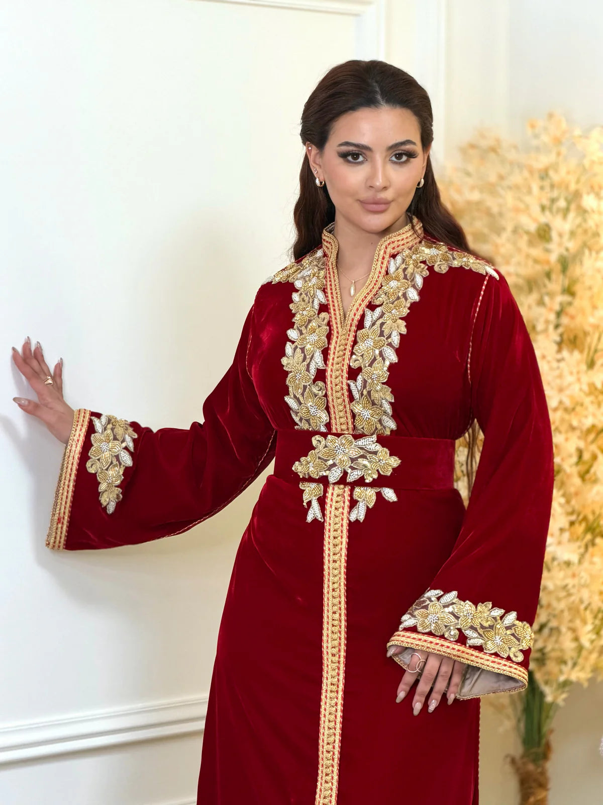 Najia Red Kaftan β Handcrafted with Gold Pearl Beadwork