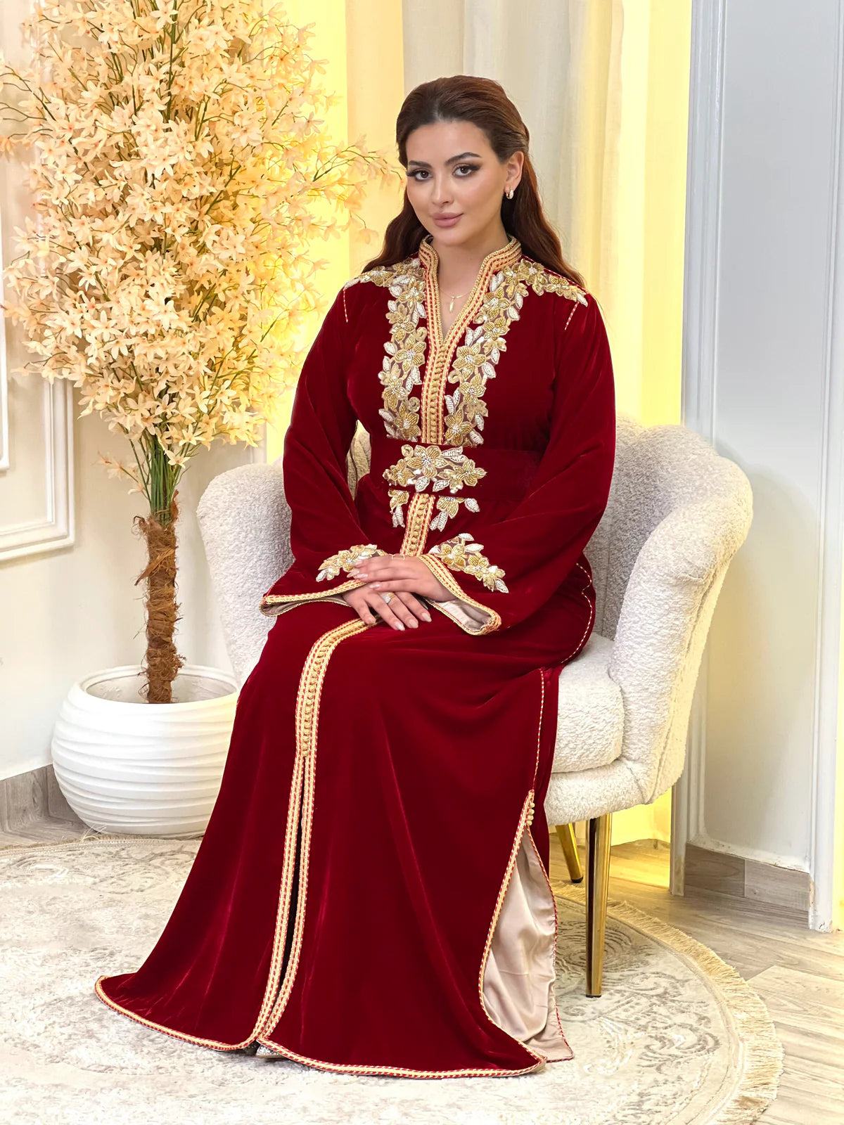 Najia Red Kaftan β Handcrafted with Gold Pearl Beadwork