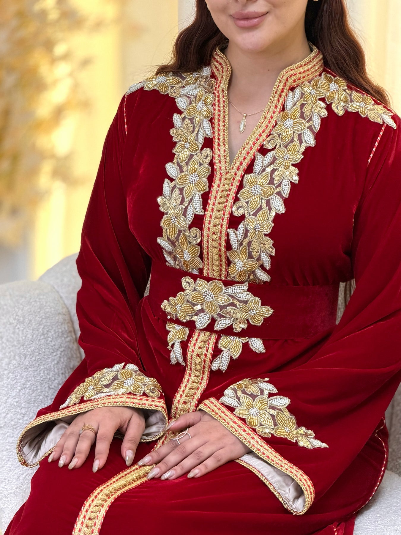 Najia Red Kaftan β Handcrafted with Gold Pearl Beadwork