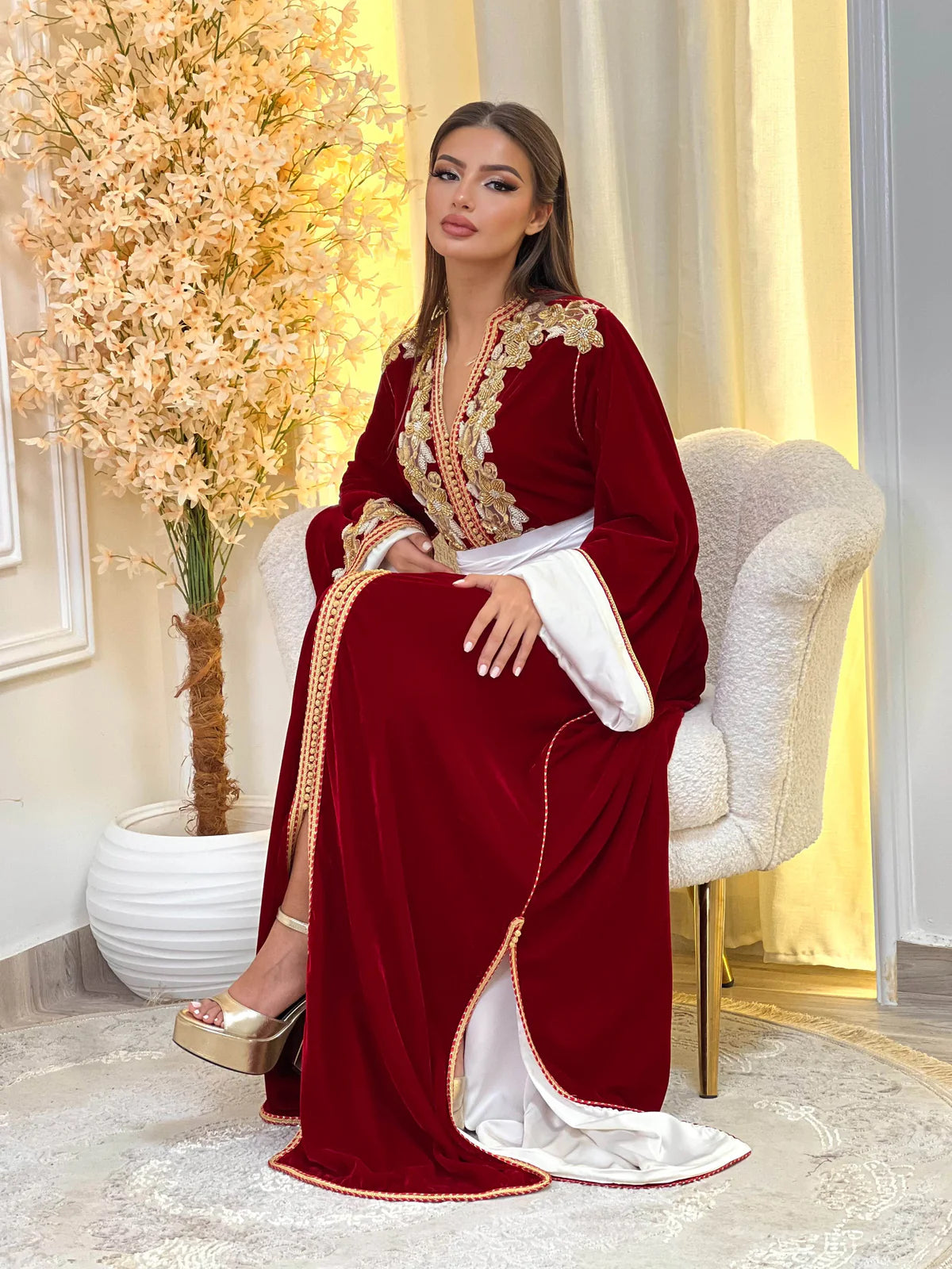 Dania Red Kaftan – Handcrafted with Gold Pearl Beadwork
