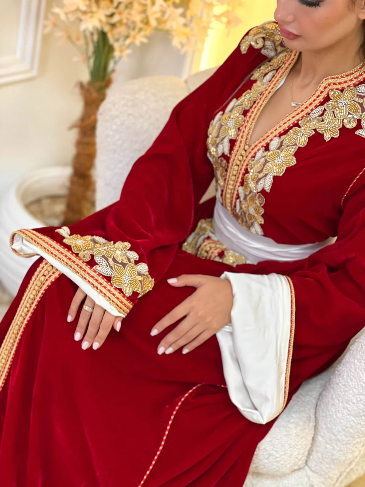 Dania Red Kaftan – Handcrafted with Gold Pearl Beadwork