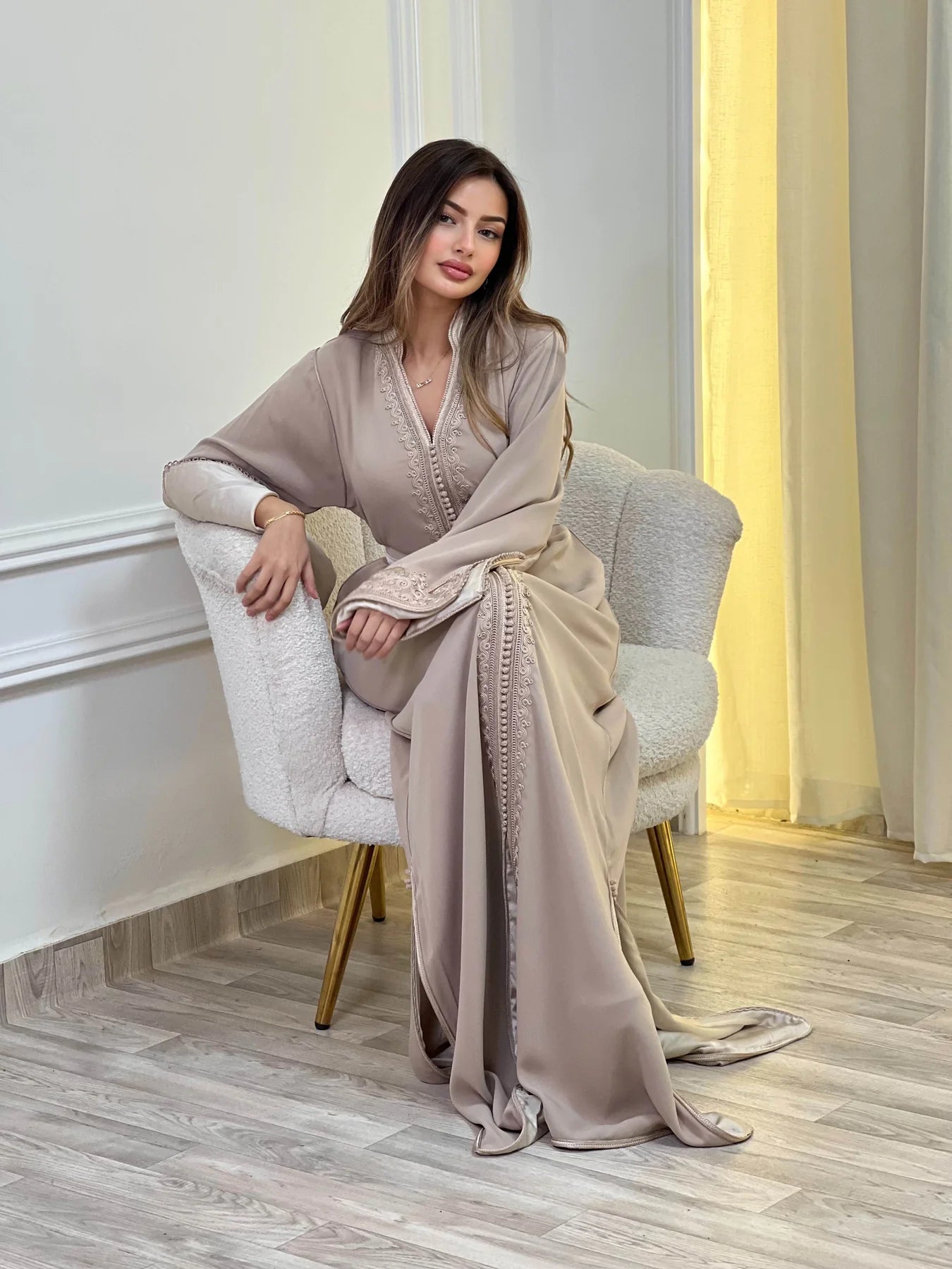 Sajida Beige Kaftan – Handcrafted Moroccan Dress