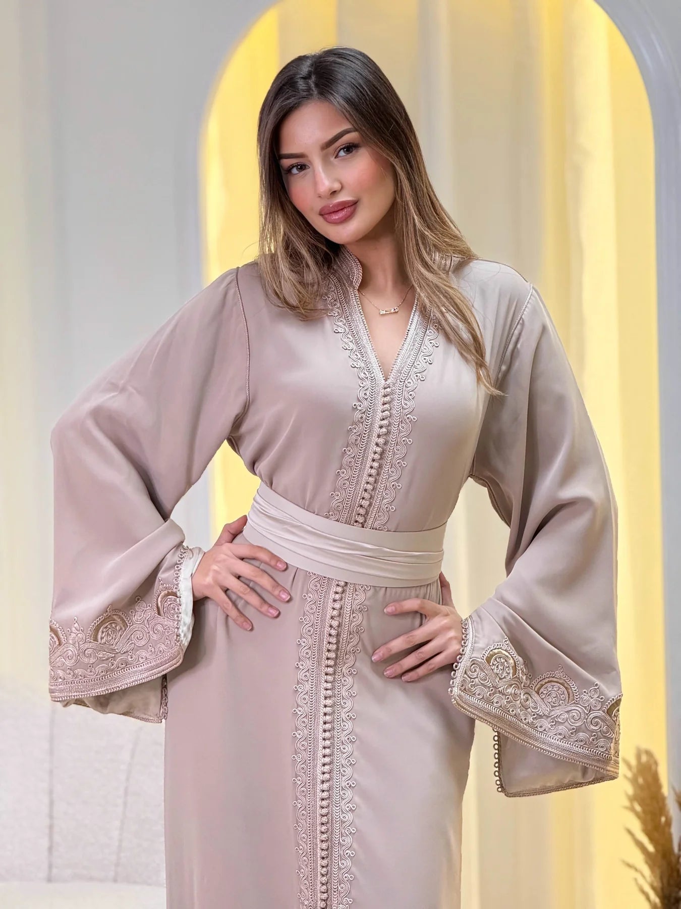 Sajida Beige Kaftan – Handcrafted Moroccan Dress