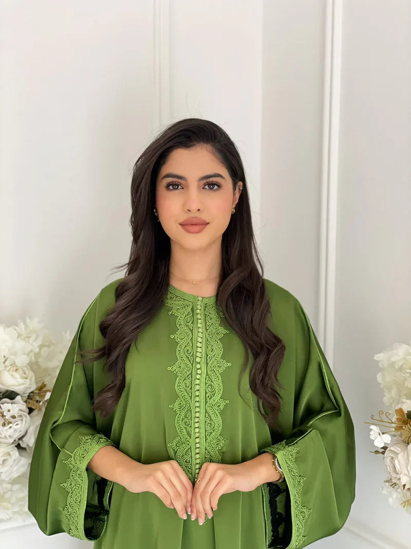 Siham Green Abaya – Elegant Moroccan Robe for Home & Gatherings