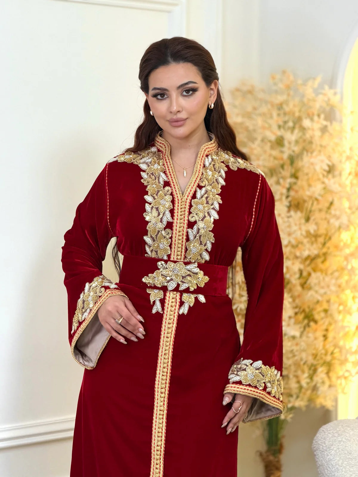 Najia Red Kaftan – Handcrafted with Gold Pearl Beadwork