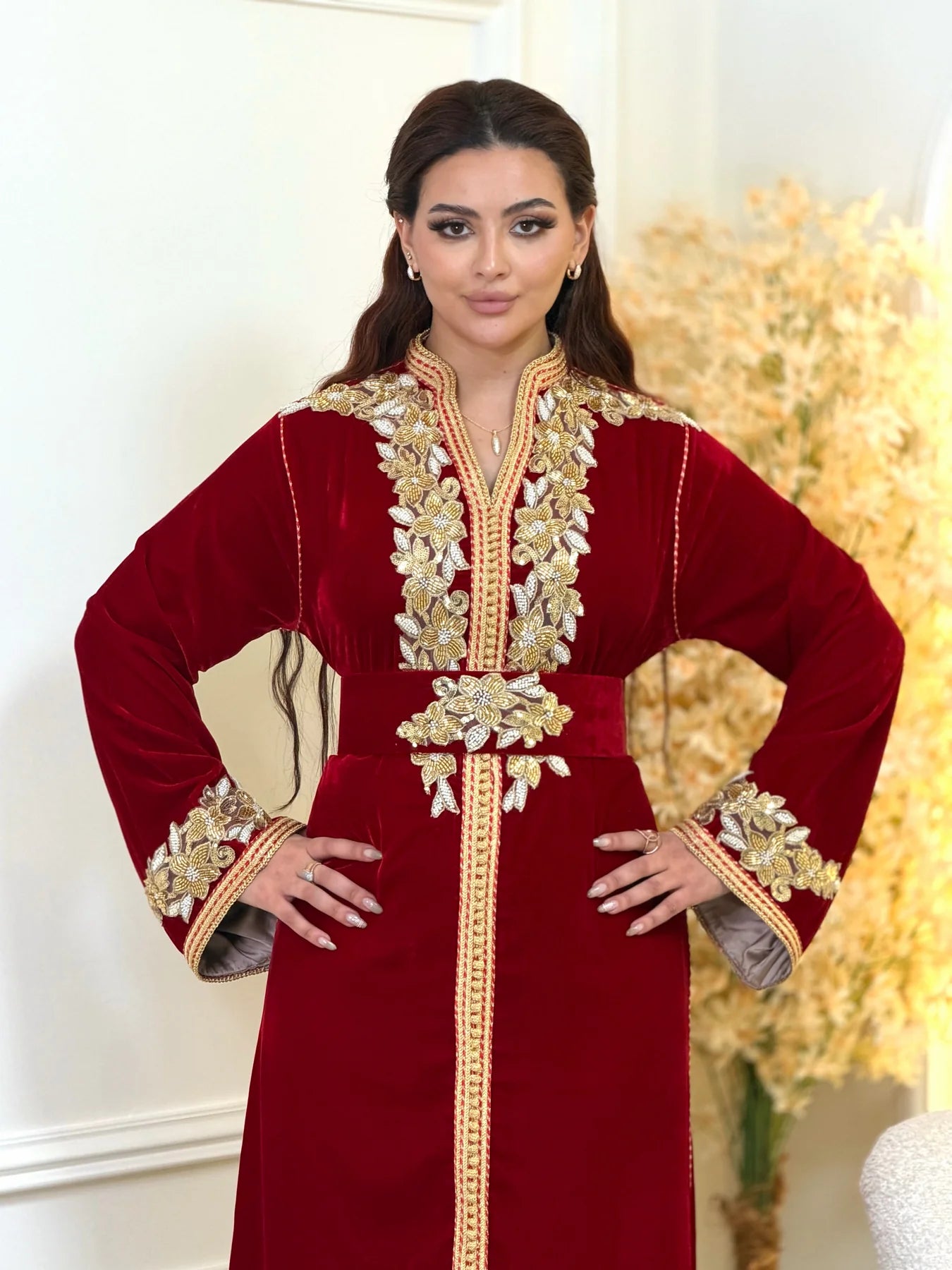 Najia Red Kaftan – Handcrafted with Gold Pearl Beadwork