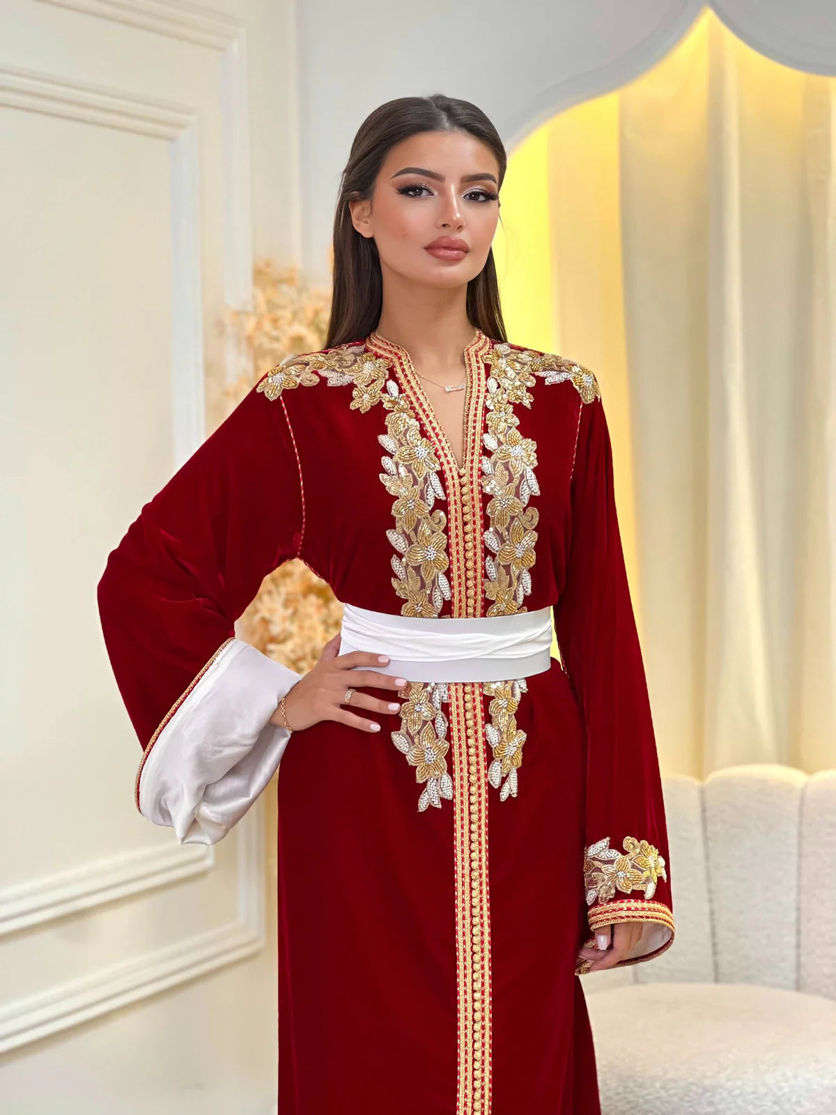 Dania Red Kaftan – Handcrafted with Gold Pearl Beadwork