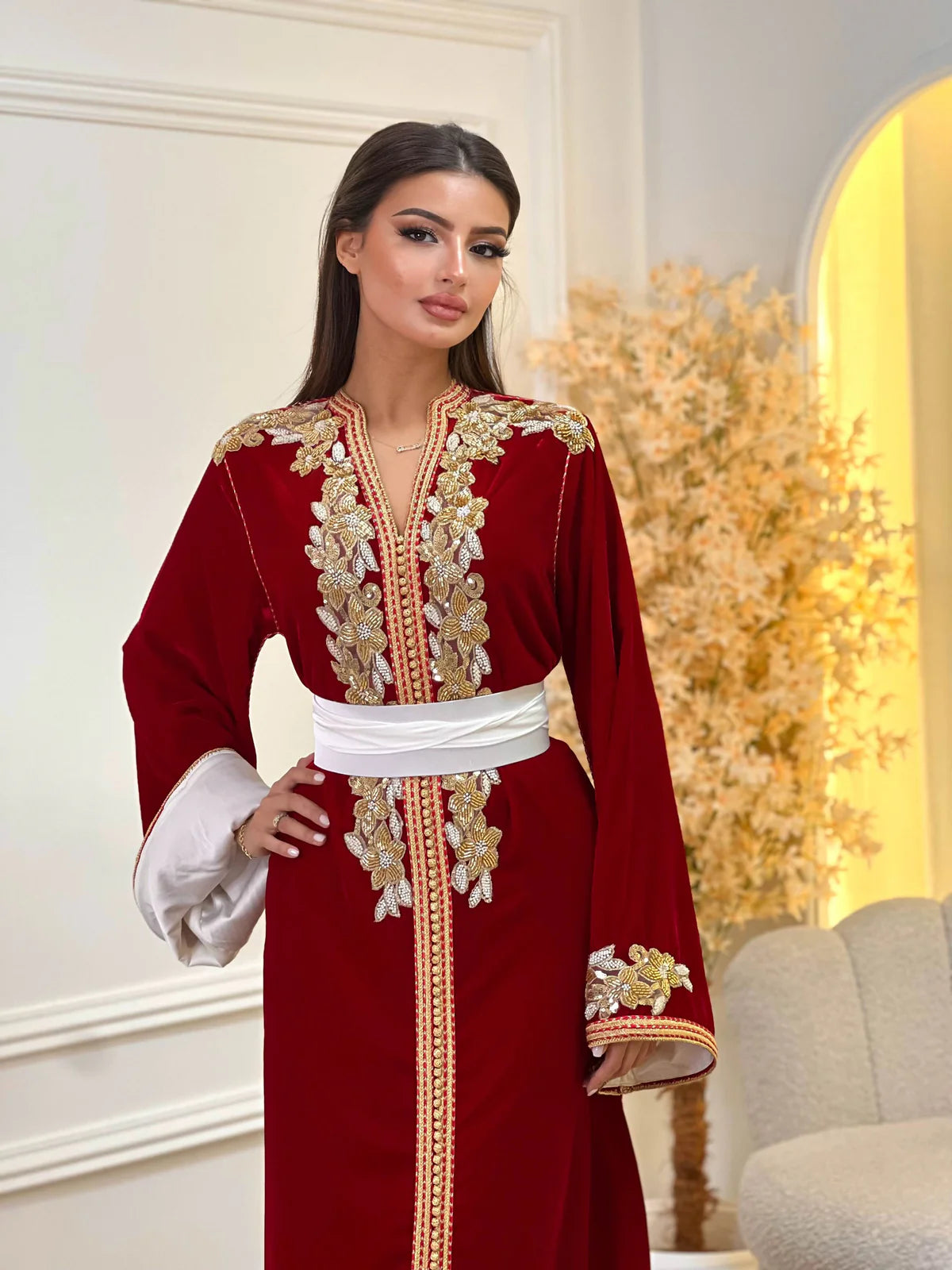 Dania Red Kaftan – Handcrafted with Gold Pearl Beadwork