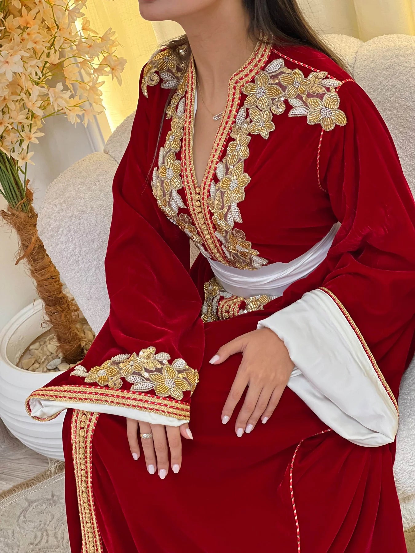 Dania Red Kaftan – Handcrafted with Gold Pearl Beadwork