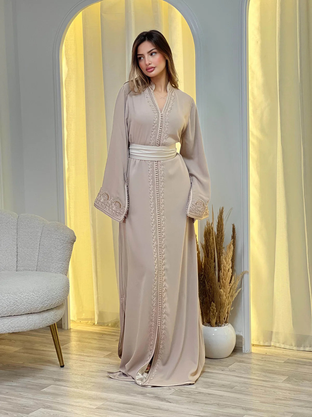 Sajida Beige Kaftan – Handcrafted Moroccan Dress