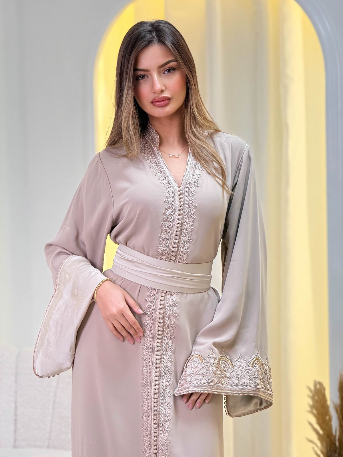 Sajida Beige Kaftan – Handcrafted Moroccan Dress