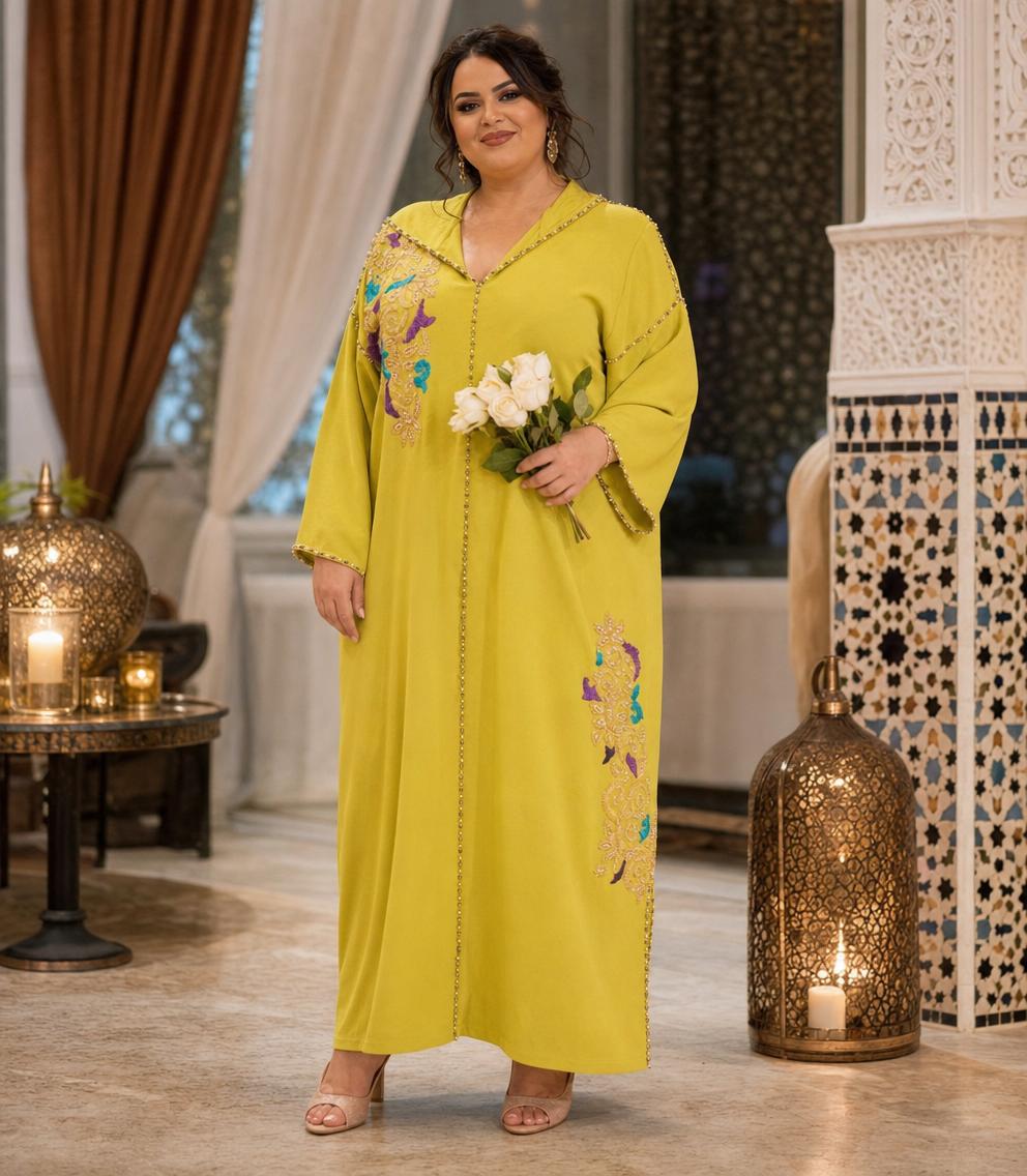 Rajae Yellow Djellaba – Casual Moroccan Tunic for Everyday Comfort \u2014 plus-size model