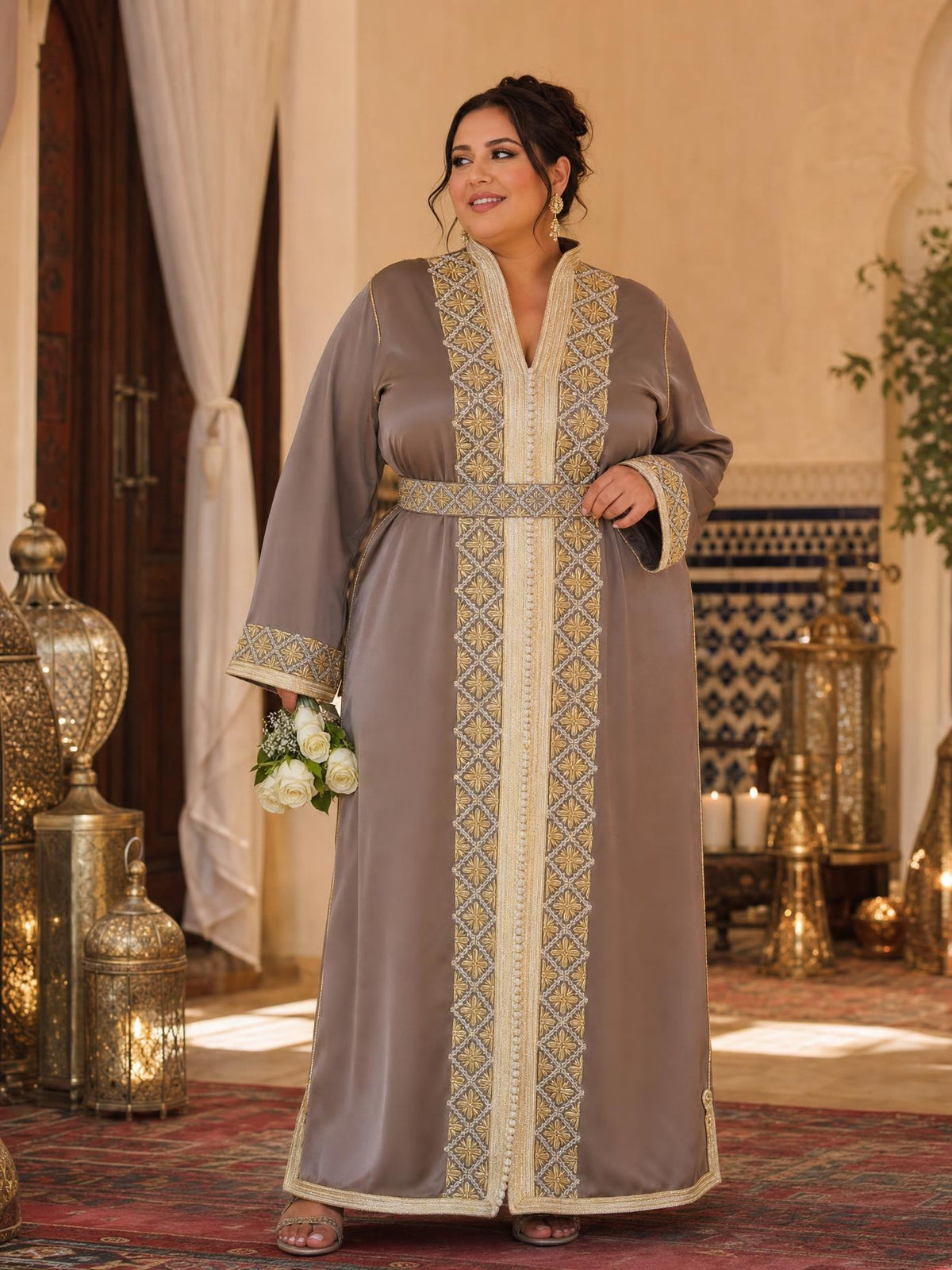 Boutaina Gray Kaftan – Handcrafted Moroccan Dress \u2014 plus-size model