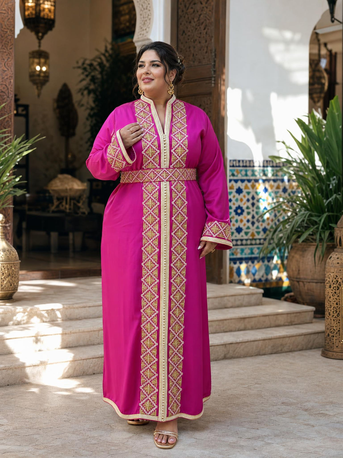 Dounia Pink Kaftan – Handcrafted Moroccan Dress \u2014 plus-size model