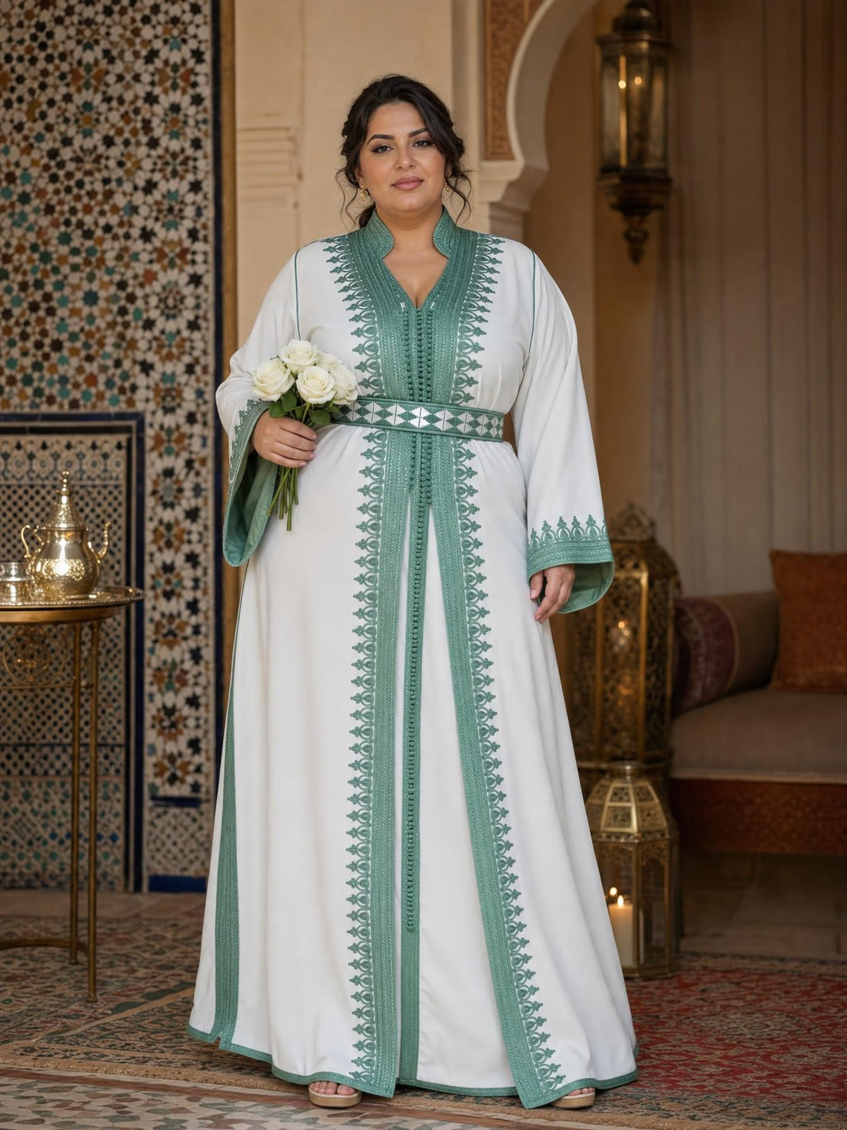 Fatima White Takchita – Two-Piece Moroccan Ceremonial Dress \u2014 plus-size model