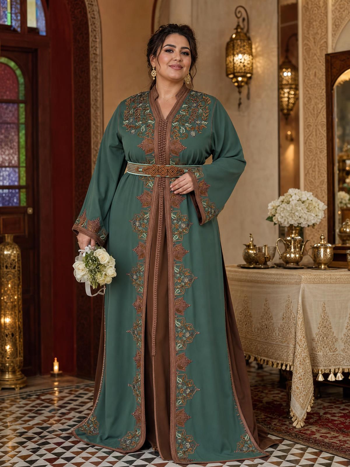 Keltoum Green Takchita – Two-Piece Moroccan Ceremonial Dress \u2014 plus-size model