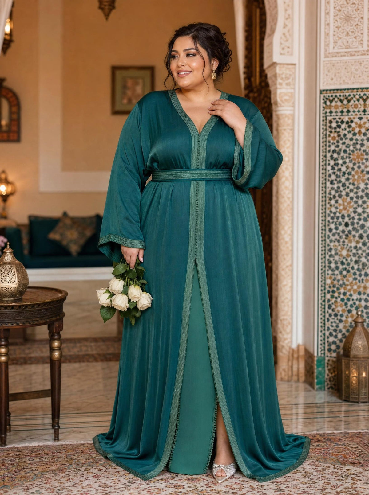 Kholod Green Takchita – Two-Piece Moroccan Ceremonial Dress \u2014 plus-size model