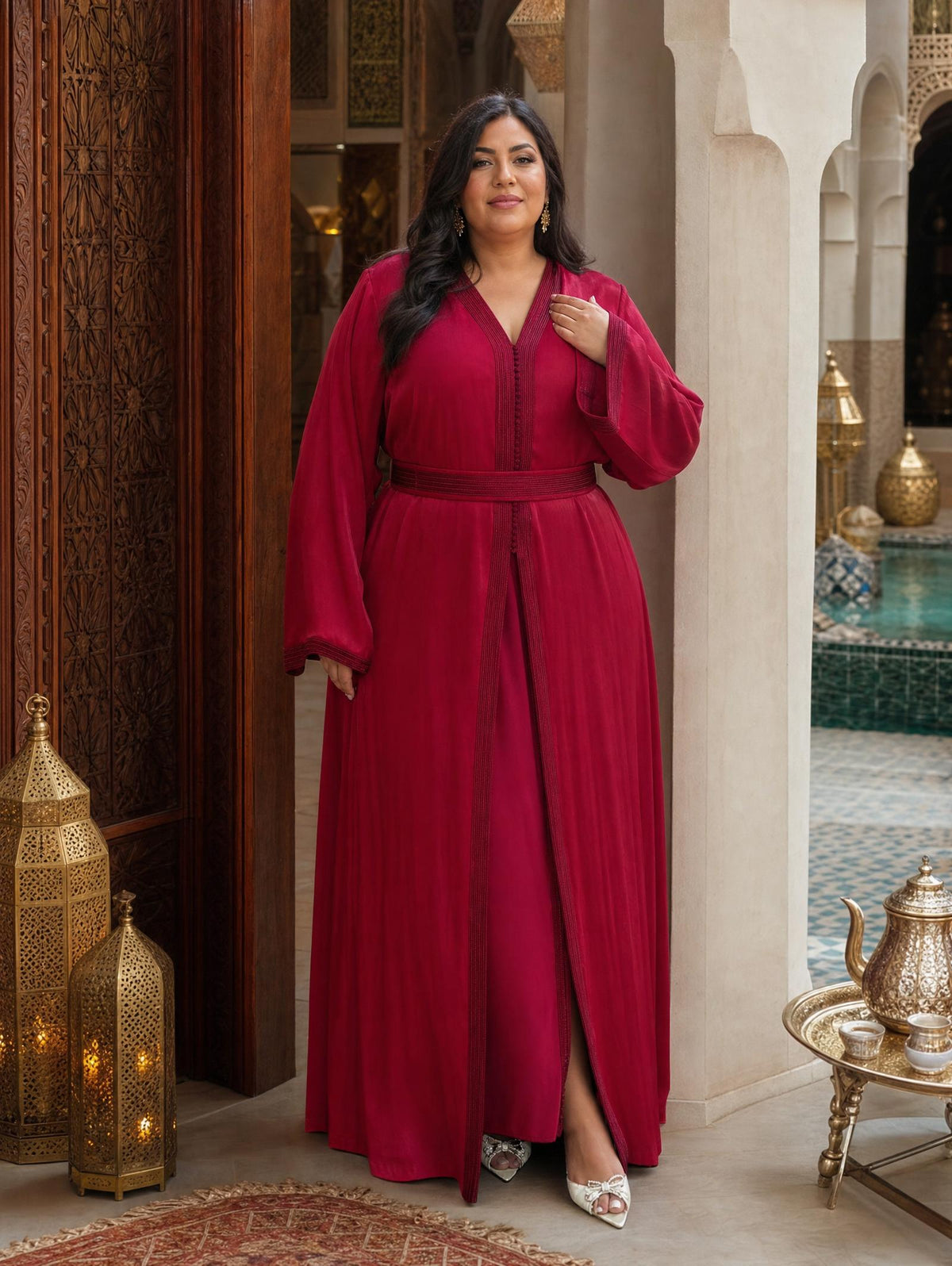 Majda Burgundy Takchita – Two-Piece Moroccan Ceremonial Dress \u2014 plus-size model