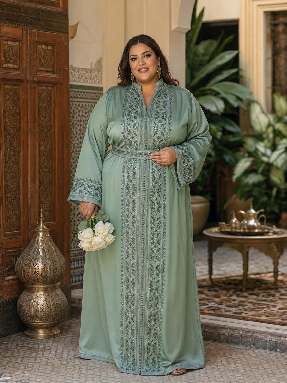 Malak Green Kaftan – Handcrafted Moroccan Dress \u2014 plus-size model