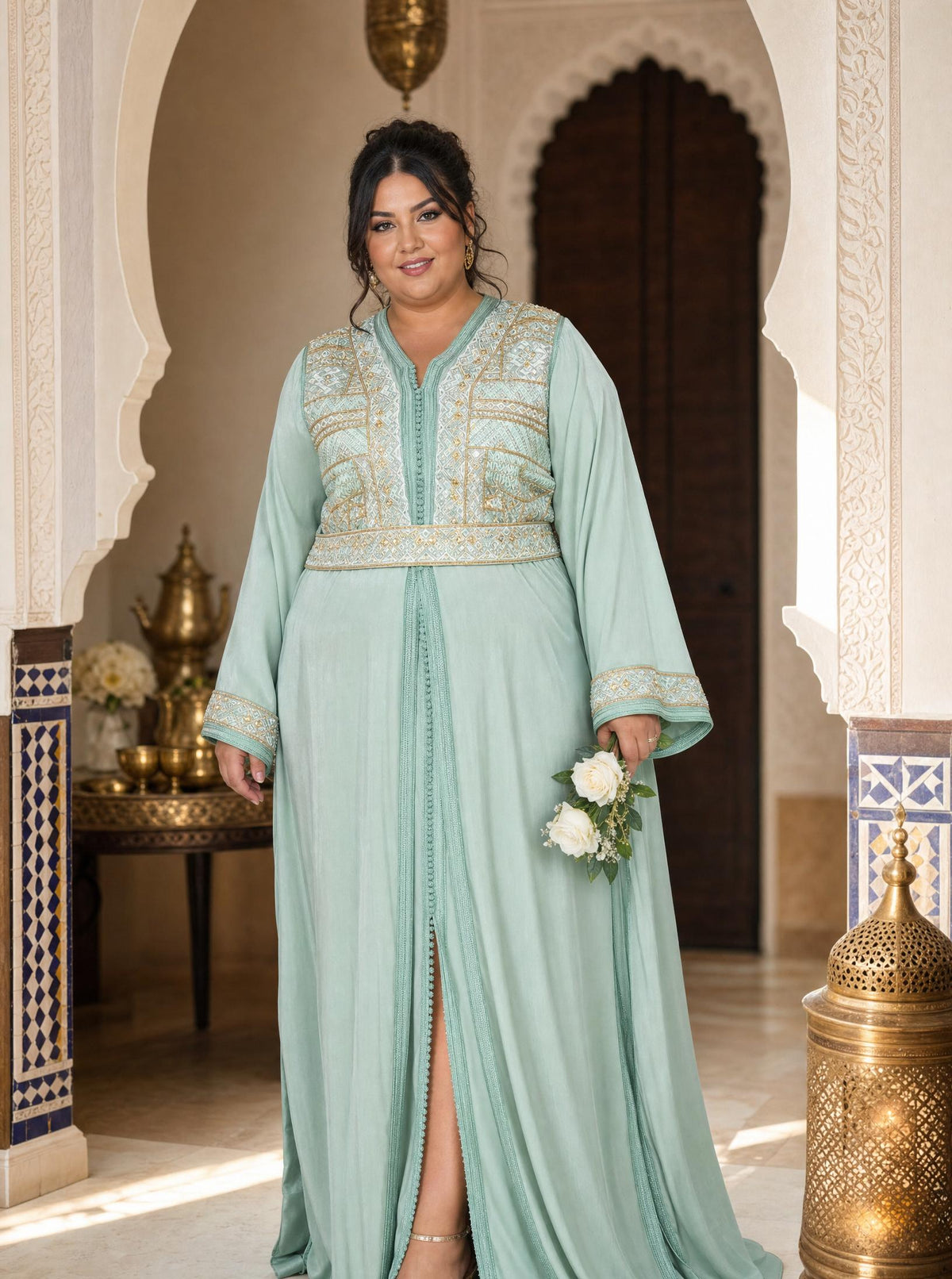 Wissal Green Takchita – Two-Piece Moroccan Ceremonial Dress \u2014 plus-size model