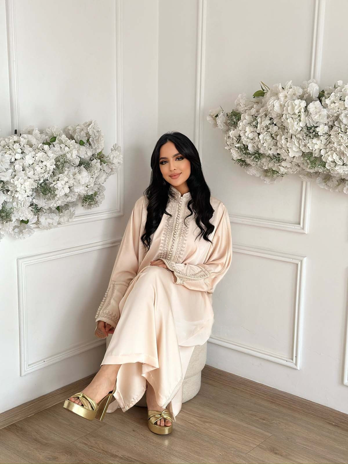Sawsan Beige Abaya – Elegant Moroccan Robe for Home & Gatherings